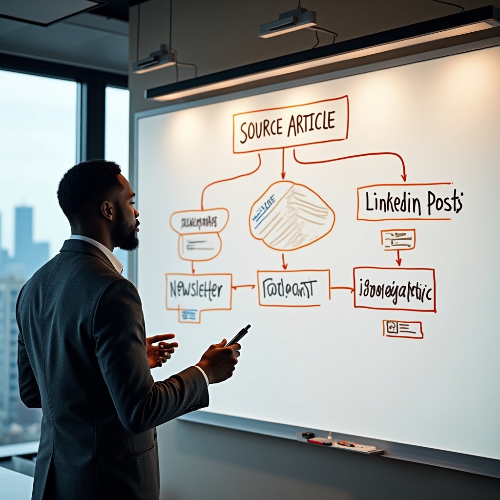 Content atomization workflow mapped on a whiteboard with sticky notes and arrows