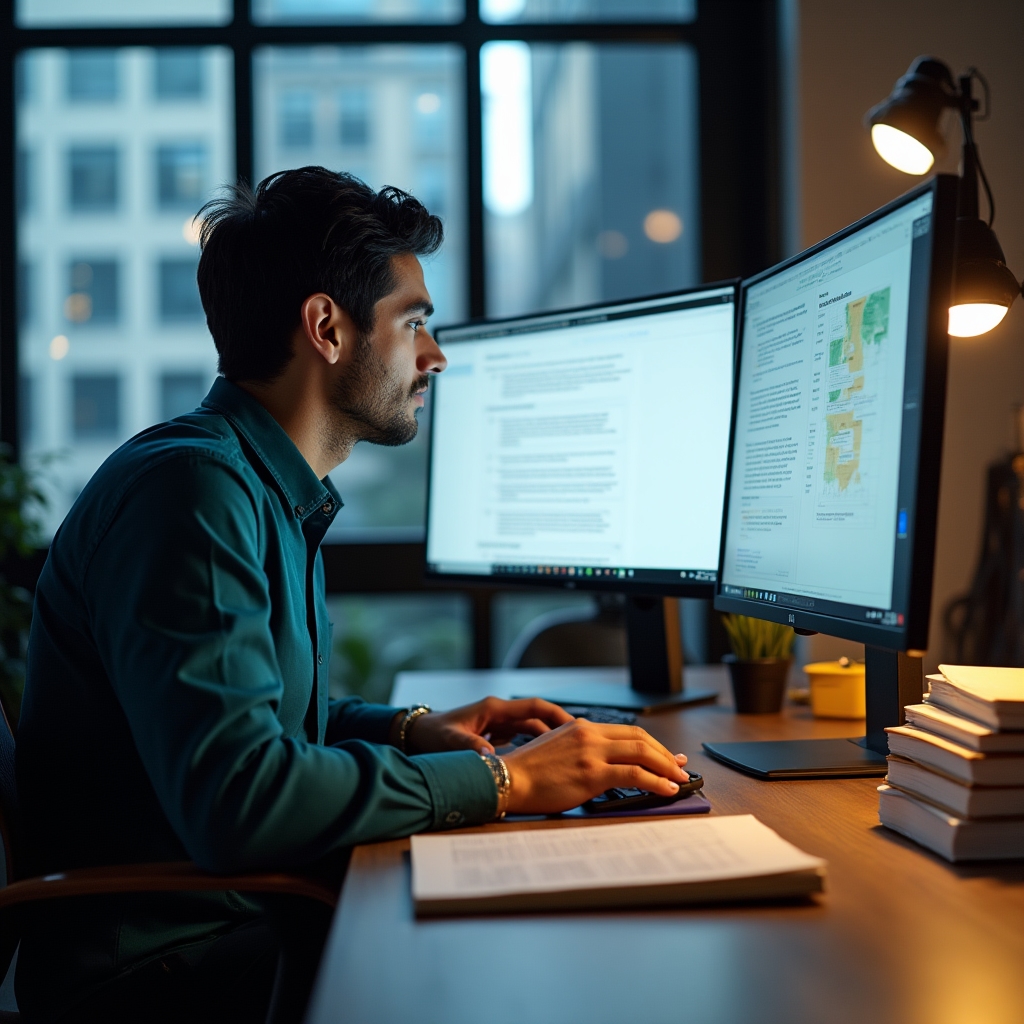 Content strategist working at modern glass office desk surrounded by research materials
