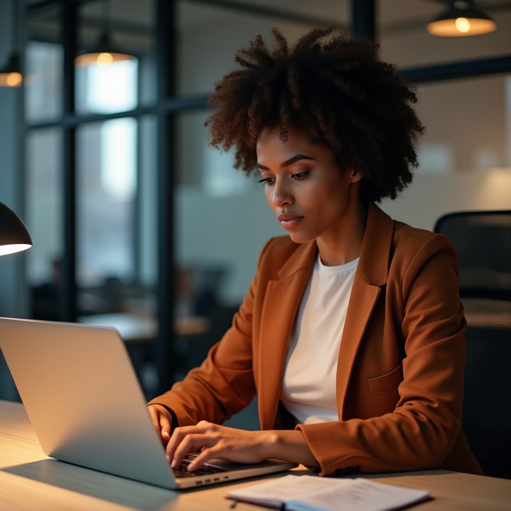 Professional creating LinkedIn content on laptop in modern office